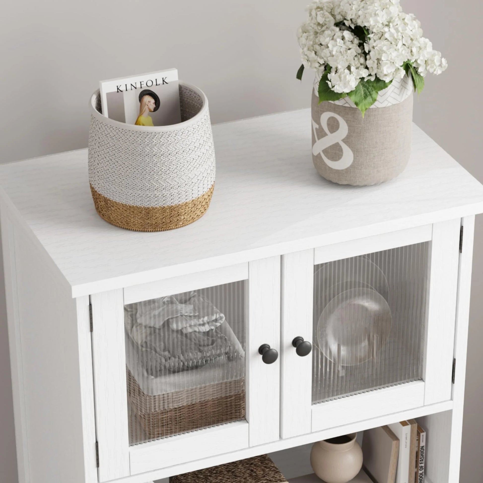 AOILE Farmhouse Bathroom Storage Cabinet with Glass Doors & Adjustable Shelves, Freestanding Kitchen Pantry Cabinet