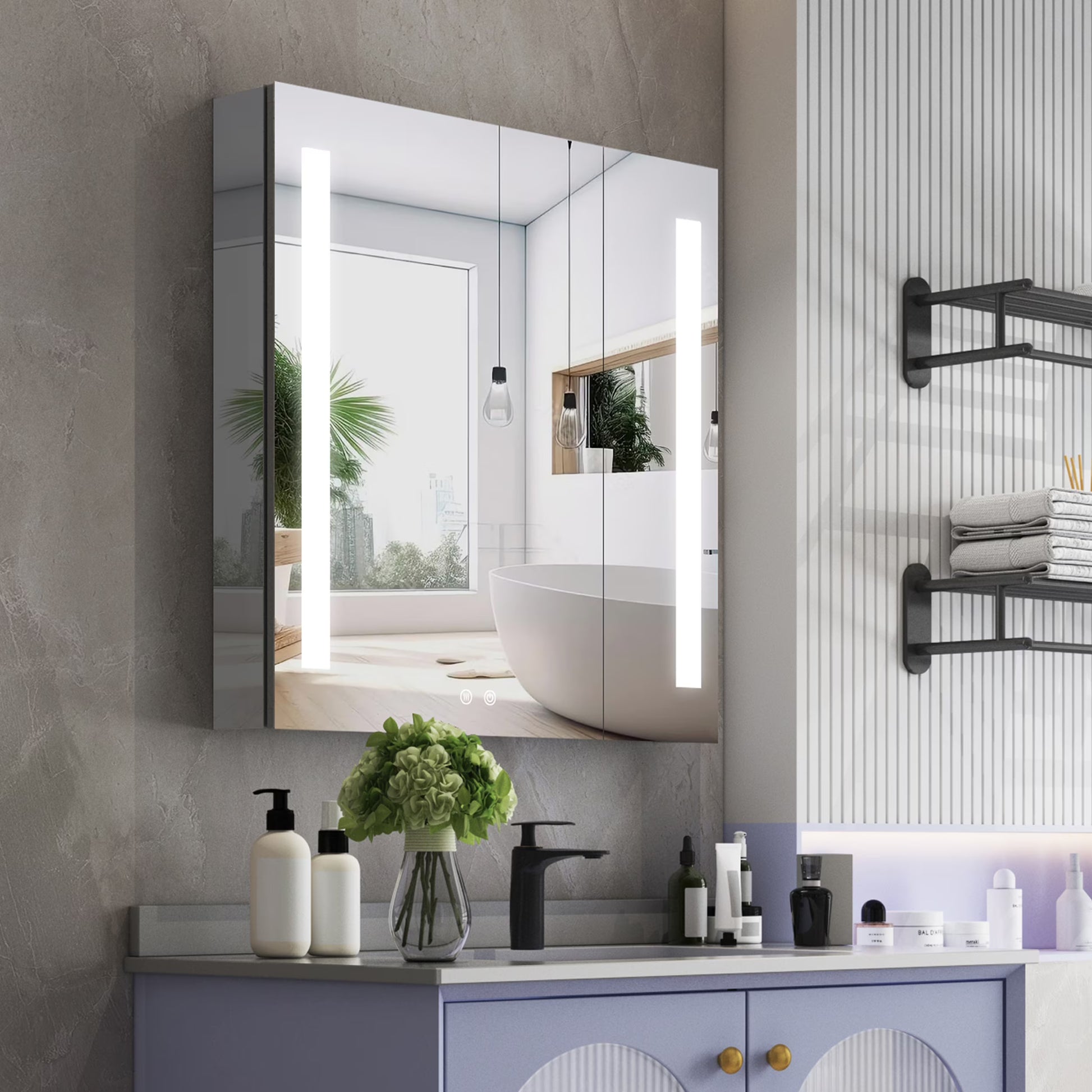 Forclover 30"x30" LED Mirror Medicine Cabinet for Bathroom with Defogger, Dimmer, Lights, Recessed or Surface Mount, Bathroom Cabinet with 3-tier Storage Shelves, Smart Touch, Anodized Aluminum