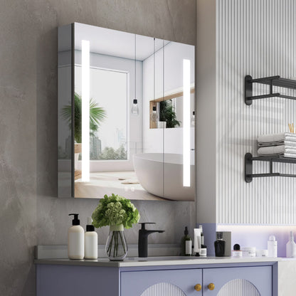 Forclover 30"x30" LED Mirror Medicine Cabinet for Bathroom with Defogger, Dimmer, Lights, Recessed or Surface Mount, Bathroom Cabinet with 3-tier Storage Shelves, Smart Touch, Anodized Aluminum