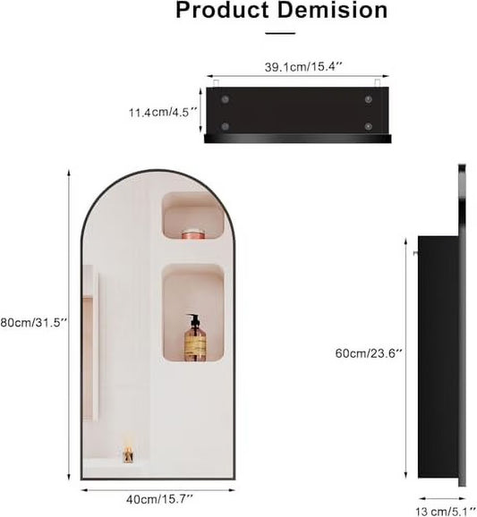 Black Arched Medicine Cabinet with Mirror, 16x31Inch, Bathroom, Modern Style, 3 Glass Shelves, Wall Mount