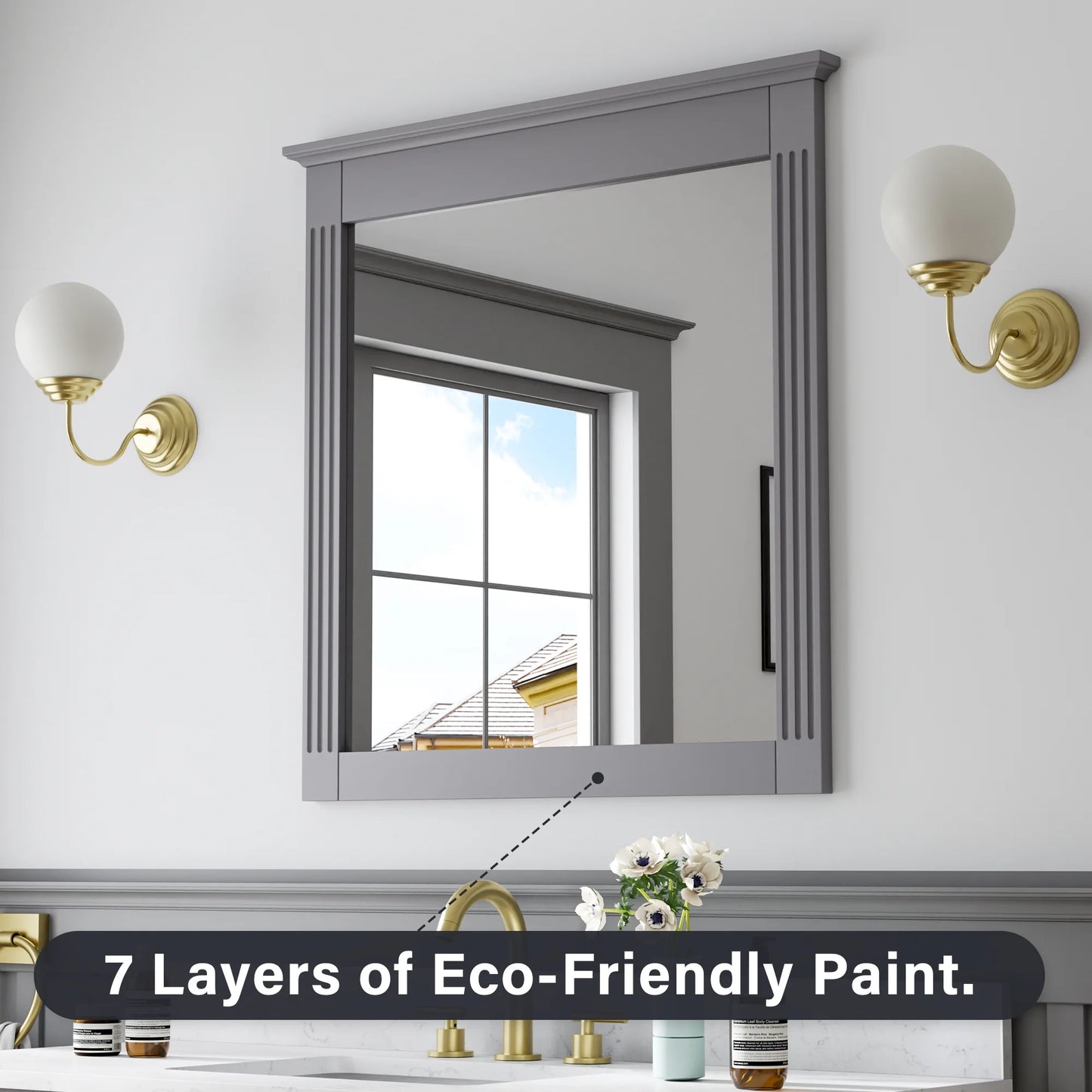 ANGELES HOME 33" x 32" Wall-Mounted Vanity Mirror, Solid Wooden Framed Makeup Mirror, Bathroom Wall Mirror for Bedroom Living Room Entryway, White