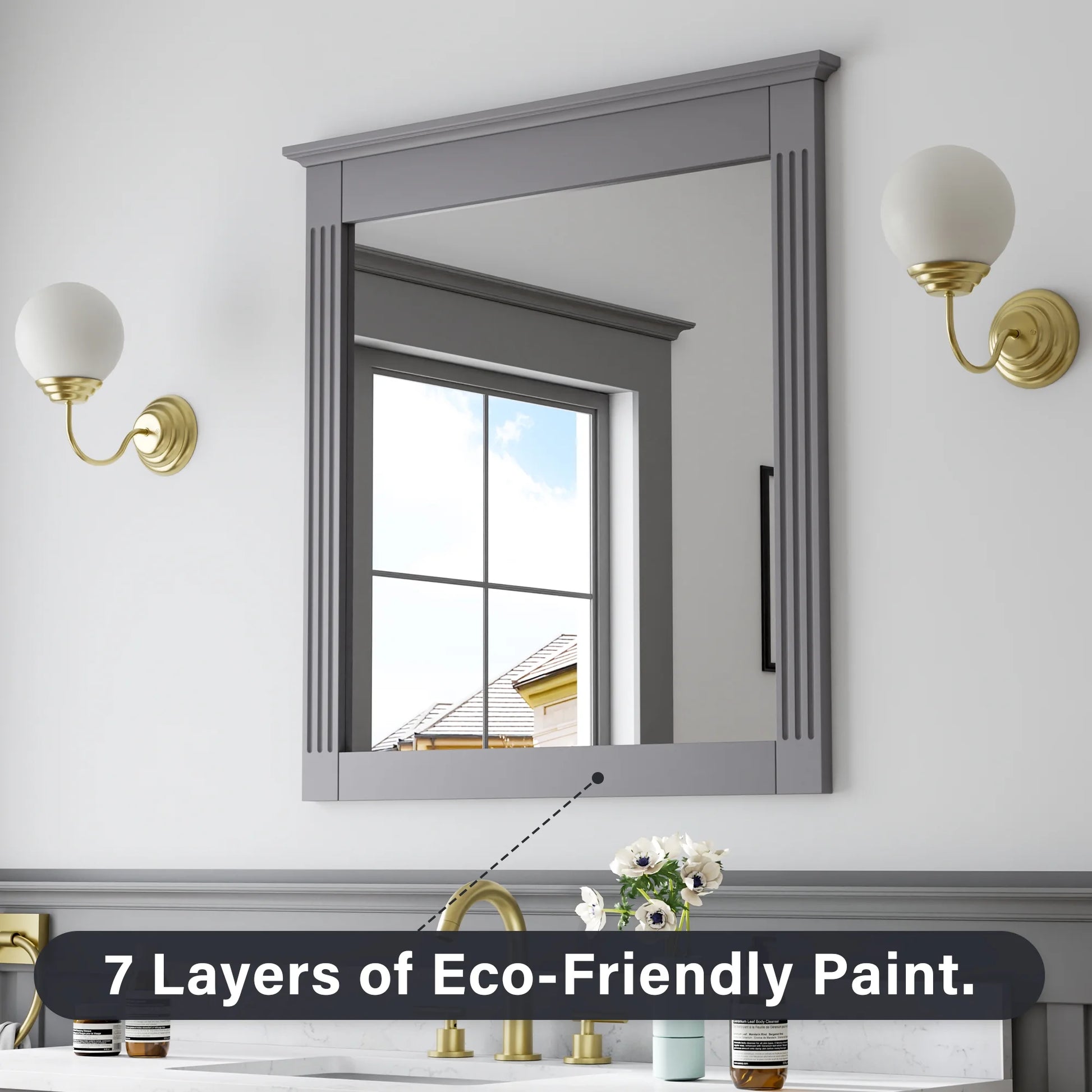 ANGELES HOME 33" x 32" Wall-Mounted Vanity Mirror, Solid Wooden Framed Makeup Mirror, Bathroom Wall Mirror for Bedroom Living Room Entryway, White