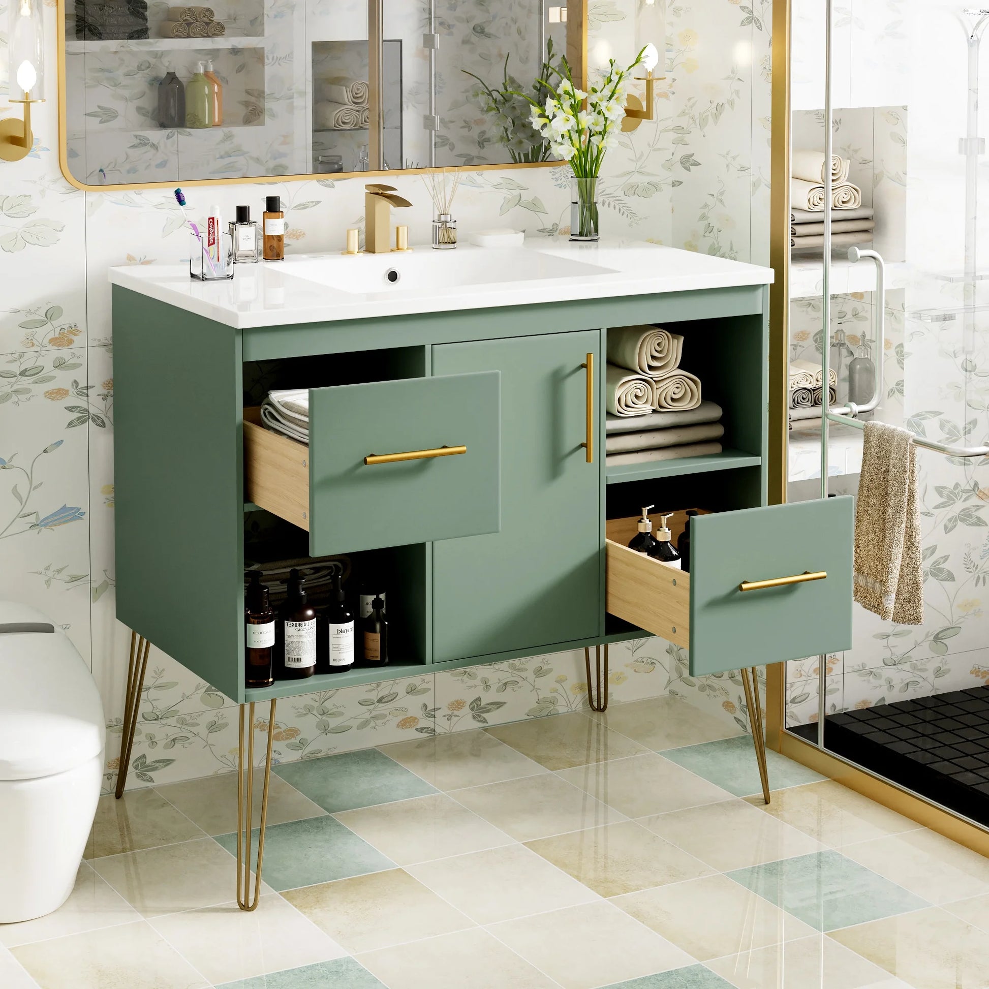 Euroco 36'' Bathroom Vanity with Resin Sink Combo Set, Modern Freestanding Single Bathroom Cabinet with 2 Drawers & 2 Storage Compartments, Storage Cabinet for Bathroom, Solid Wood Frame Vanity Set