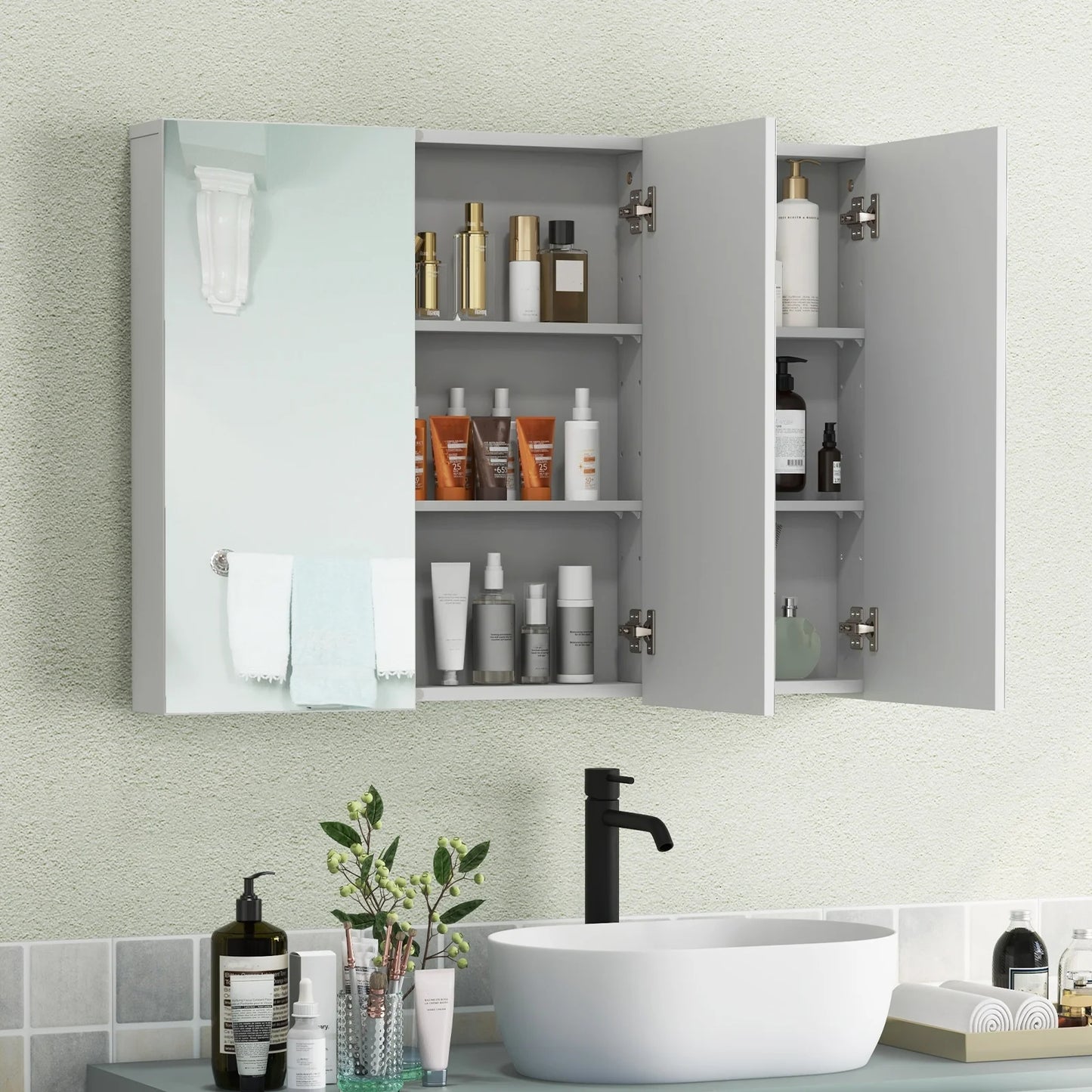 Giantex Large Mirrored Medicine Cabinet, Bathroom Wall Mounted Storage Cabinet with Triple Mirrored Doors and Adjustable Shelves, Ideal for Bathroom, Living Room, 36 x 4.5 x 25.5 inches (White)