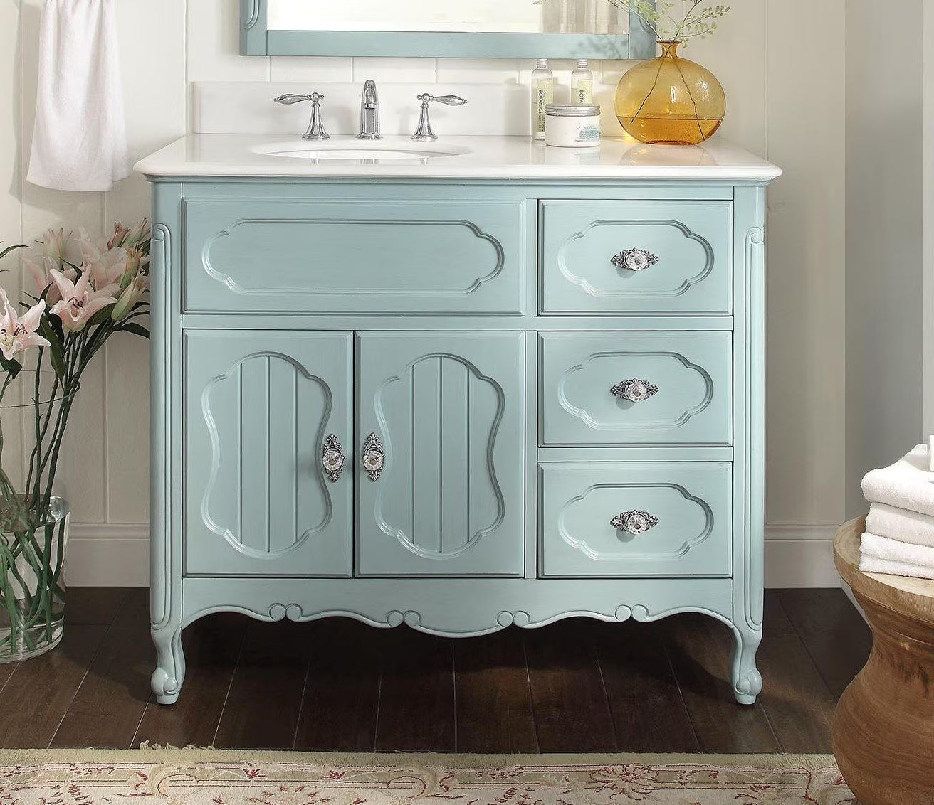 Benton Collection 42" Light Blue Cottage Bathroom Vanity with White Marble Top