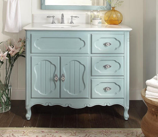 Benton Collection 42" Light Blue Cottage Bathroom Vanity with White Marble Top
