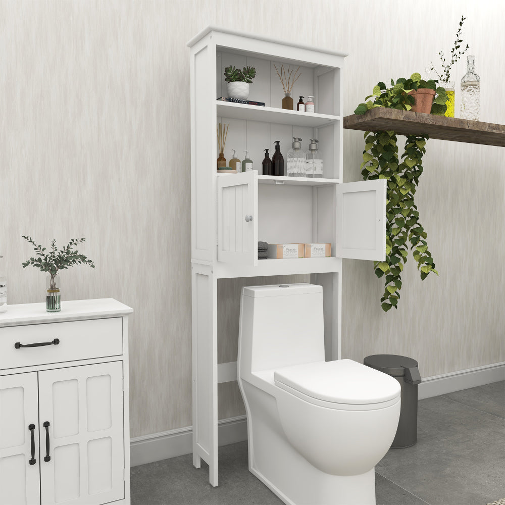 Tcbosik Over the Toilet Storage Cabinet with Doors, 70"H Freestanding Above the Toilet Storage Rack with Open Shelves for Bathroom, Space-Saving, White