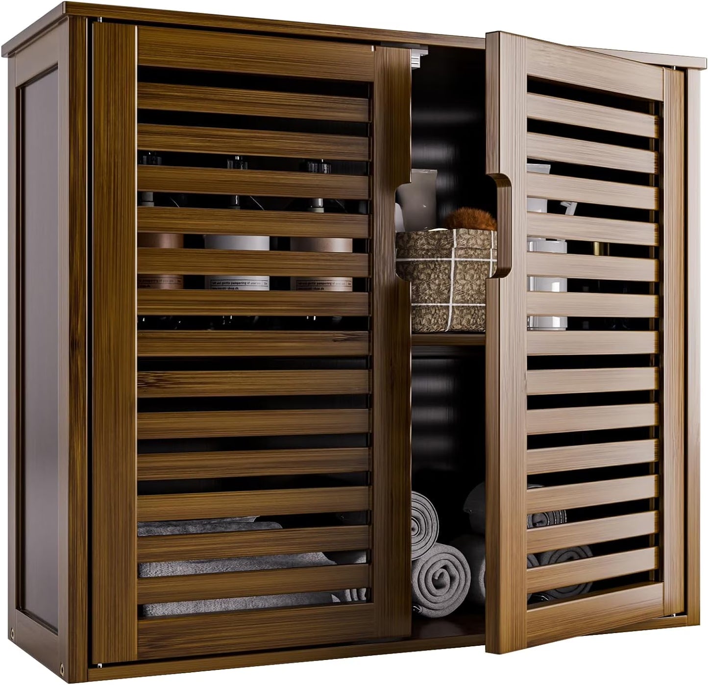 Medicine Cabinet, Bathroom Storage Cabinet Wall Mounted, Over The Toilet Space Saver Organizer with Doors and Bamboo Shelves, Walnut