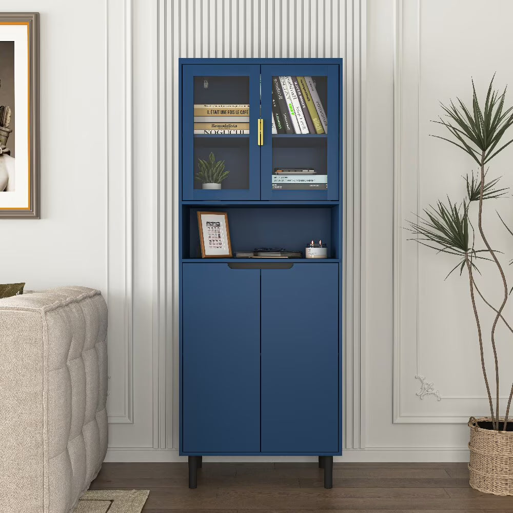 Kepooman Tall Storage Show Cabinet with 2 Glass Display Door & 2 Doors, Tall Kitchen Pantry Cabinet with Gold Handles, Modern Cabinet Freestanding for Bathroom, Dining Living Room, Blue