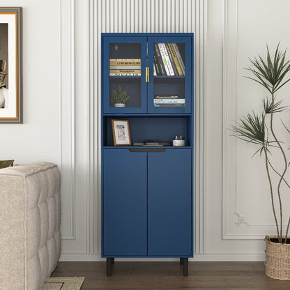 Kepooman Tall Storage Show Cabinet with 2 Glass Display Door & 2 Doors, Tall Kitchen Pantry Cabinet with Gold Handles, Modern Cabinet Freestanding for Bathroom, Dining Living Room, Blue