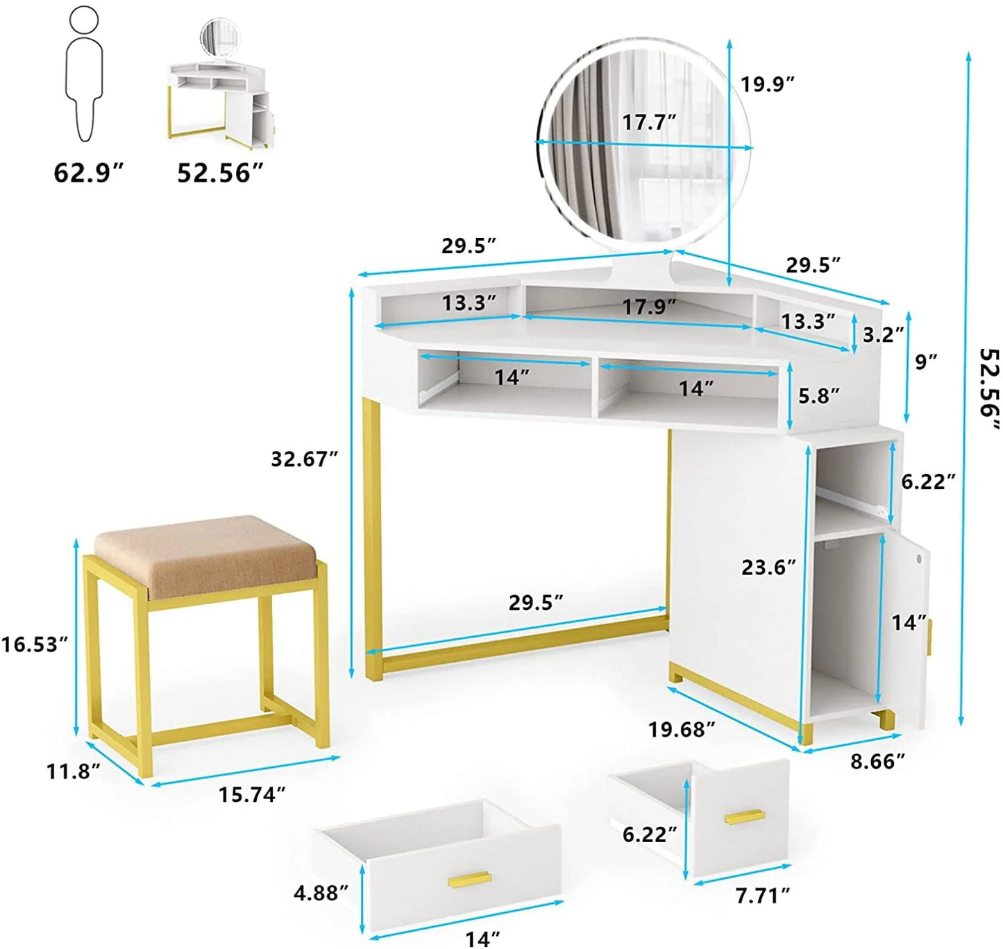 Corner Vanity Set with Lighted Mirror, Makeup Vanity Dressing Table with Drawers, Cabinet and Cushioned Stool, Girls Vanity Desk for Bathroom, Bedroom, White by TZUTOGETHER
