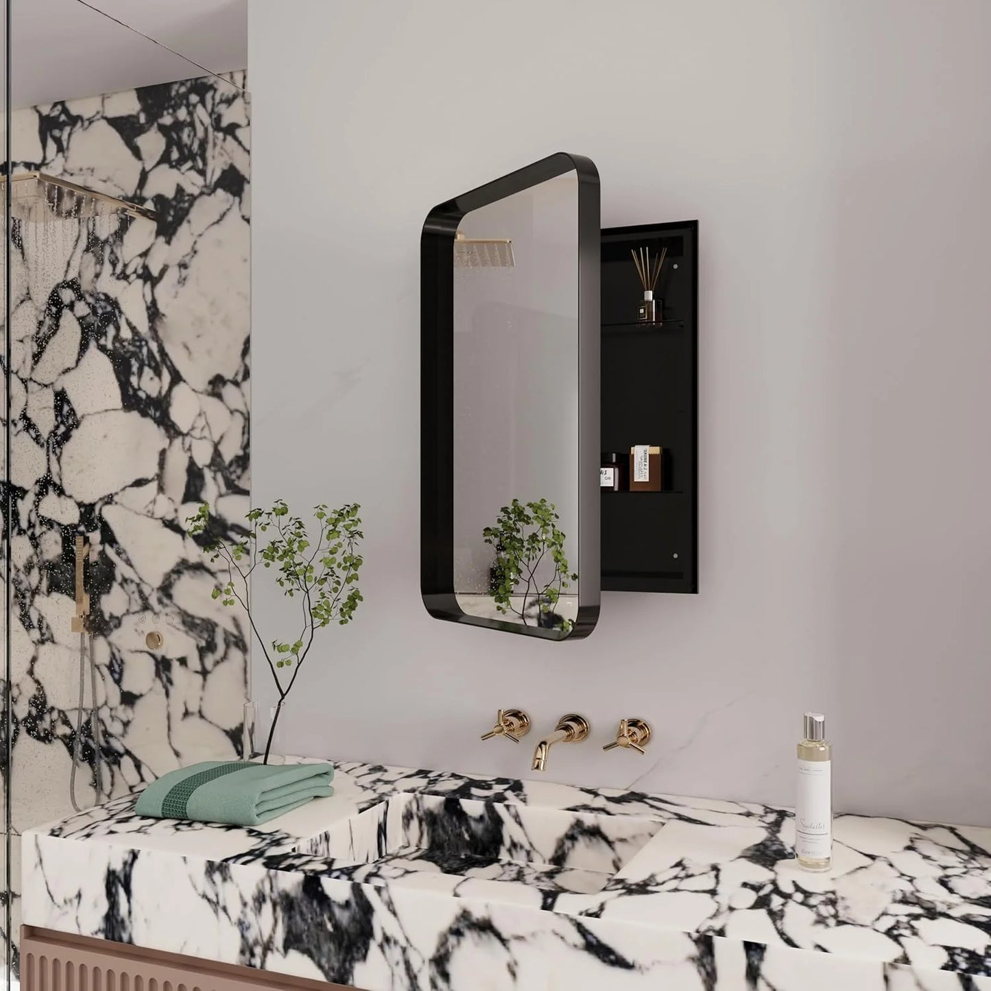 Bathroom Medicine Cabinet with Mirror,Recessed Round Corner Metal Framed Medicine Cabinet,Single Door Modern Storage Mirror Cabinet with Adjustable Shelves for Bathroom 15.74 x 23.6 Inch Matte Black