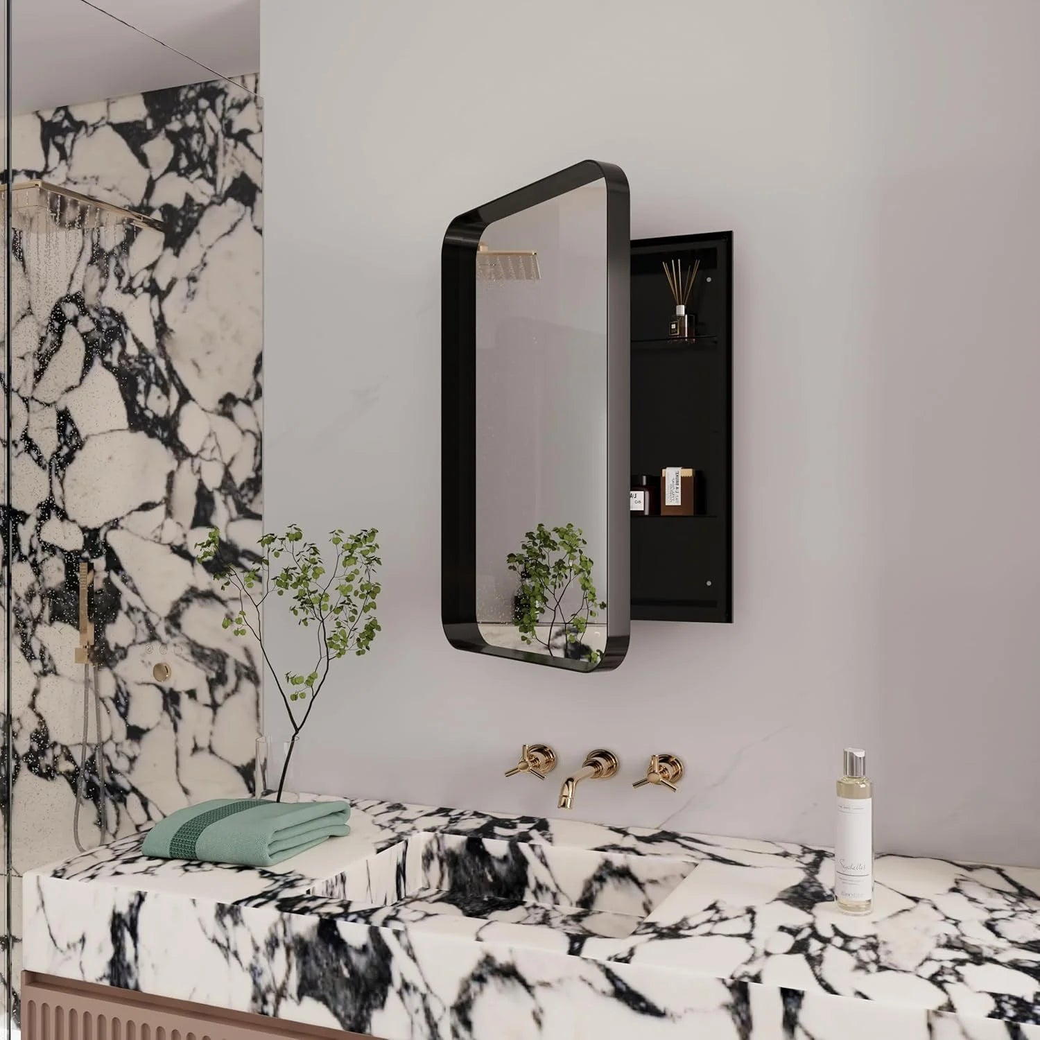 Bathroom Medicine Cabinet with Mirror,Recessed Round Corner Metal Framed Medicine Cabinet,Single Door Modern Storage Mirror Cabinet with Adjustable Shelves for Bathroom 15.74 x 23.6 Inch Matte Black