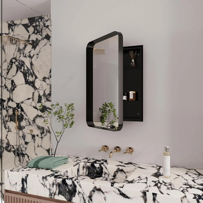 Bathroom Medicine Cabinet with Mirror,Recessed Round Corner Metal Framed Medicine Cabinet,Single Door Modern Storage Mirror Cabinet with Adjustable Shelves for Bathroom 15.74 x 23.6 Inch Matte Black