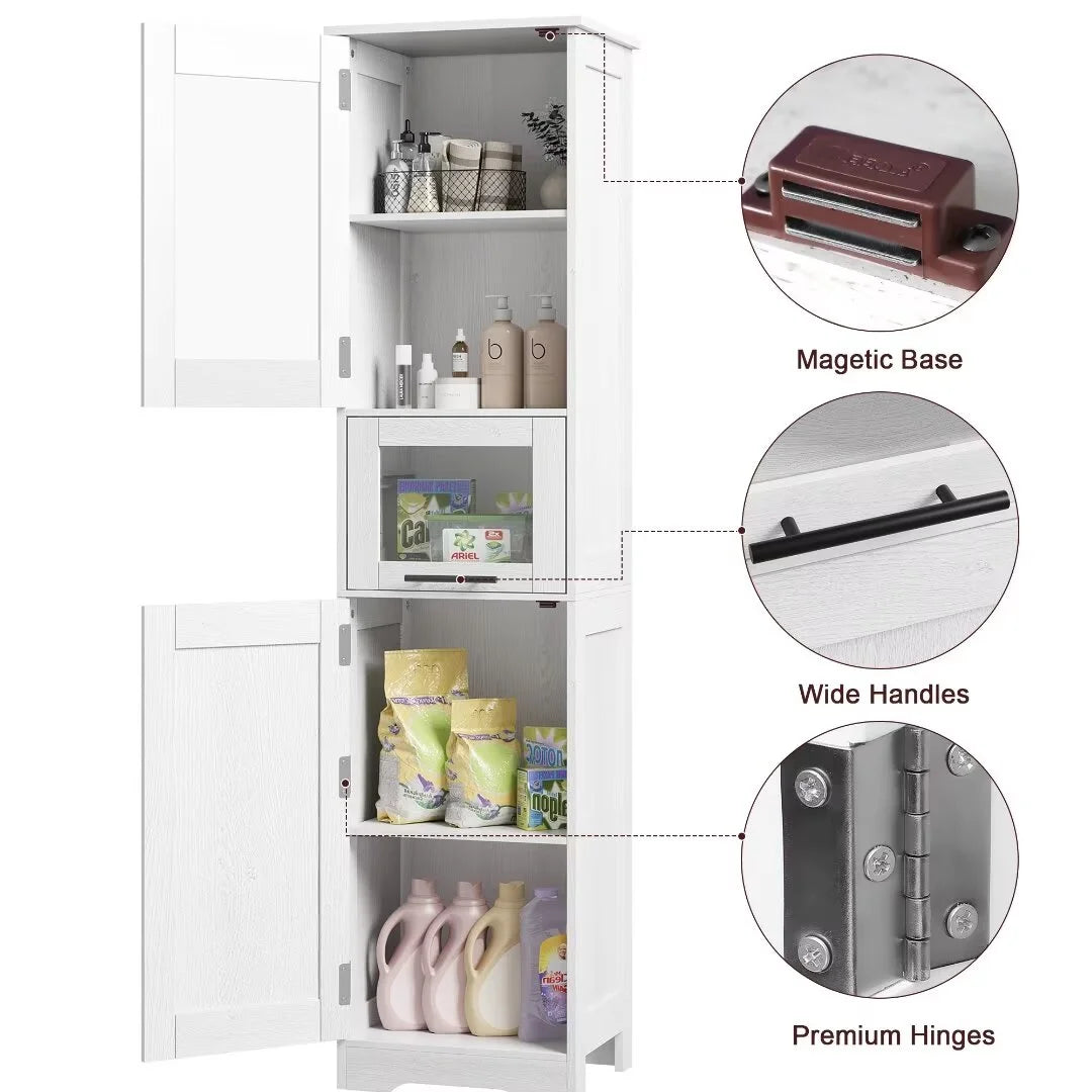 66.9" Tall Bathroom Cabinet, Slim Bathroom Storage Cabinet with Doors and Adjustable Shelf, Freestanding Floor Pantry Cabinet for Kitchen, Living Room, Laundry Room, Home Office, White 15.7 Inch