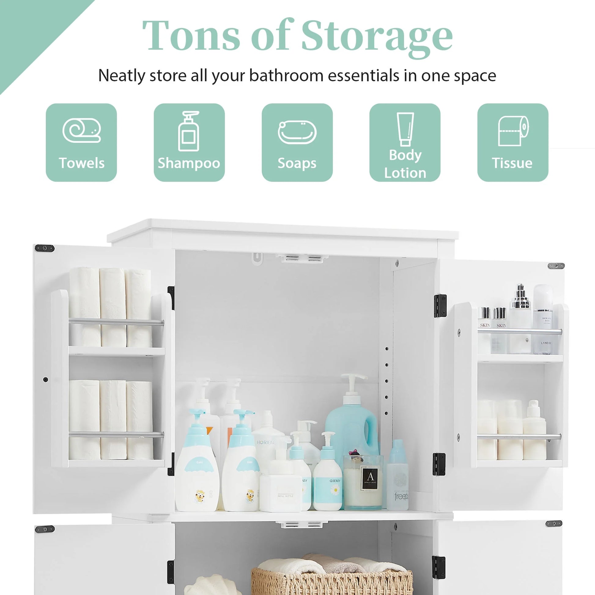 Elegant Bathroom Floor Storage Cabinet, Bathroom Storage Unit, Freestanding Cabinet with 4 Doors