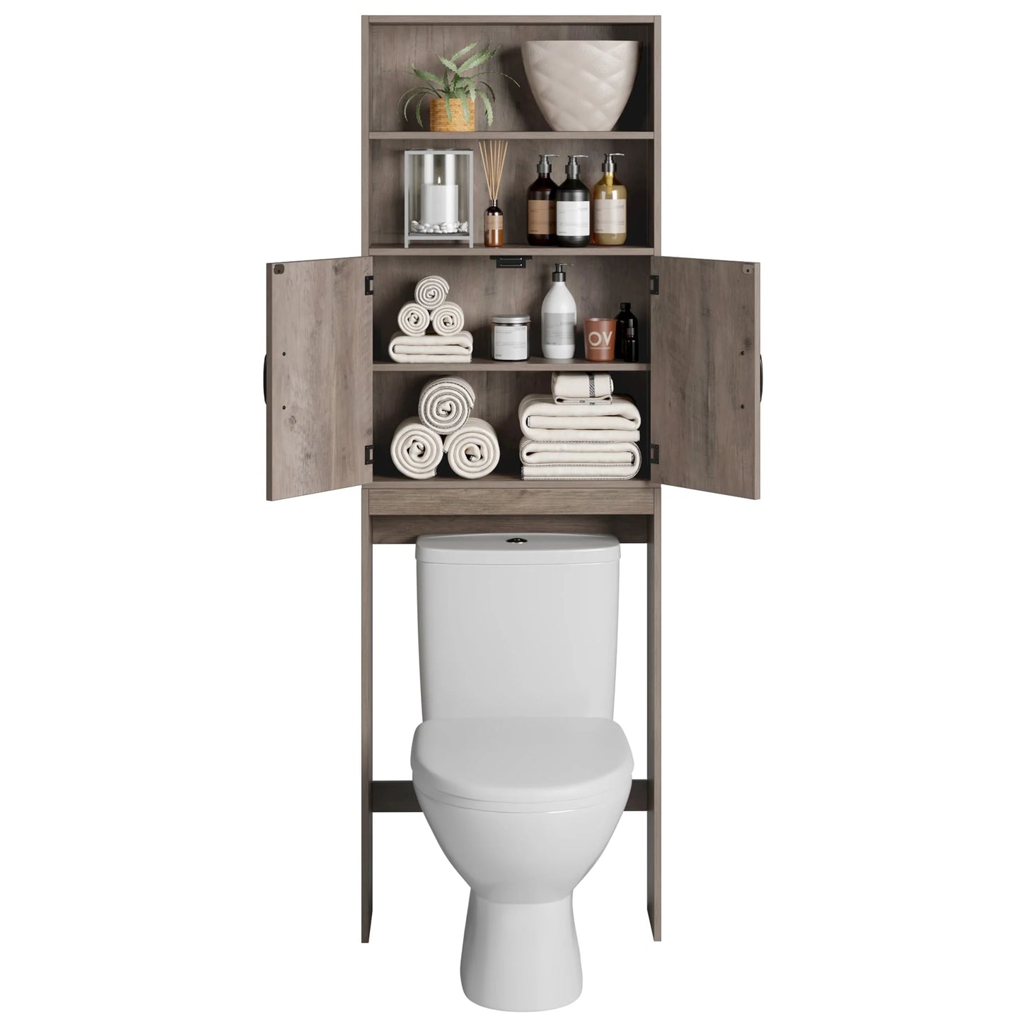 Homfa over Toilet Storage Rack, Bathroom Storage Cabinet over Toilet with 4-tier Shelves and 2 Doors, Gray Finish