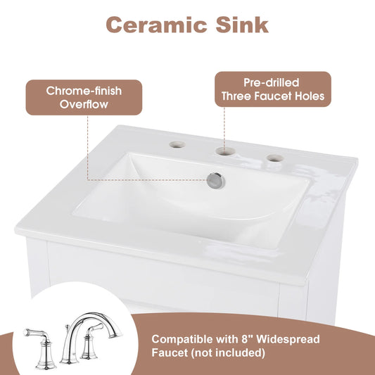 20.3 Inch Bathroom Vanity with Ceramic Sink, Solid Wood Small Single Vanity with Drawer and Soft Close Doors, White Modern Bathroom Cabinet with Storage