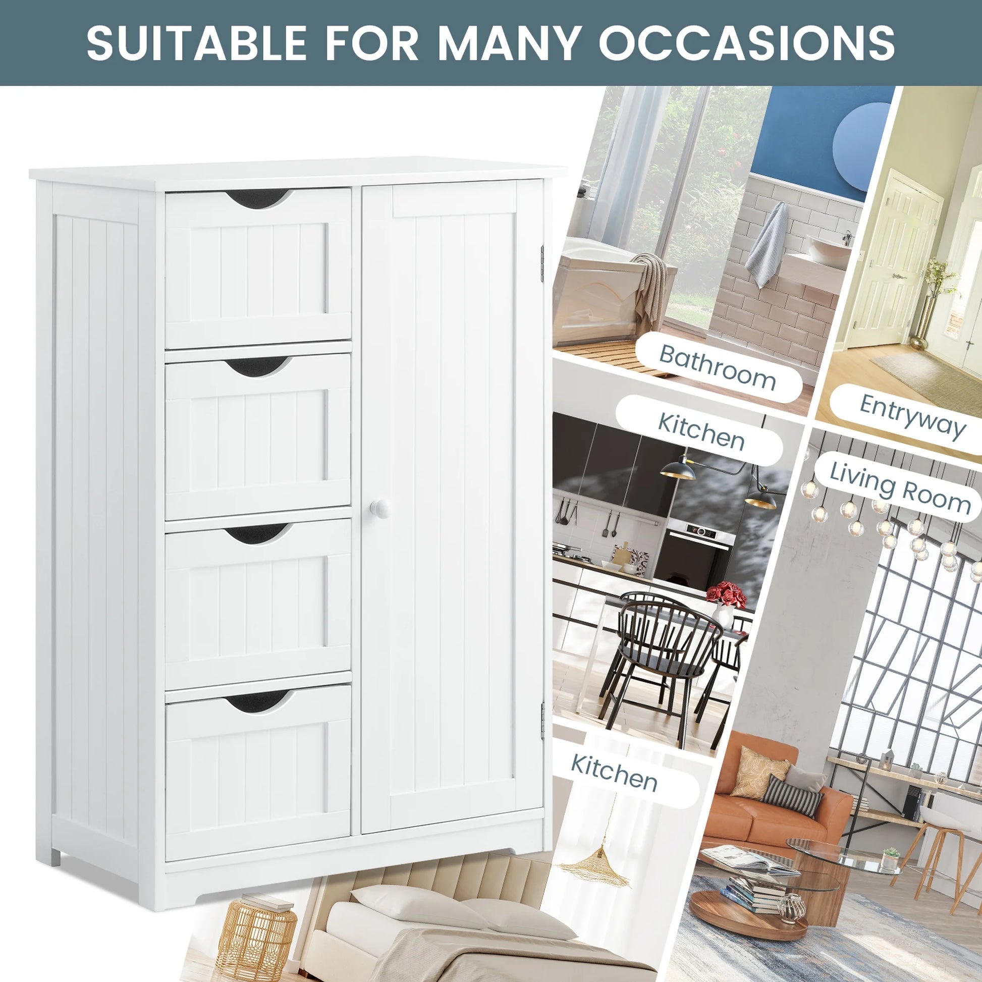 Bathroom Storage Wooden 4 Drawer Cabinet Cupboard 2 Shelves Free Standing White