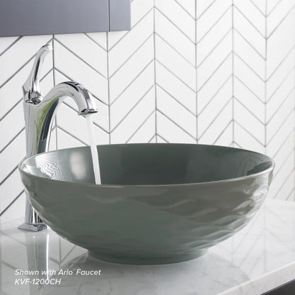 KRAUS Viva Round Gray Porcelain Ceramic Vessel Bathroom Sink with Pop-Up Drain, 16 1/2 in. D x 5 1/2 in. H