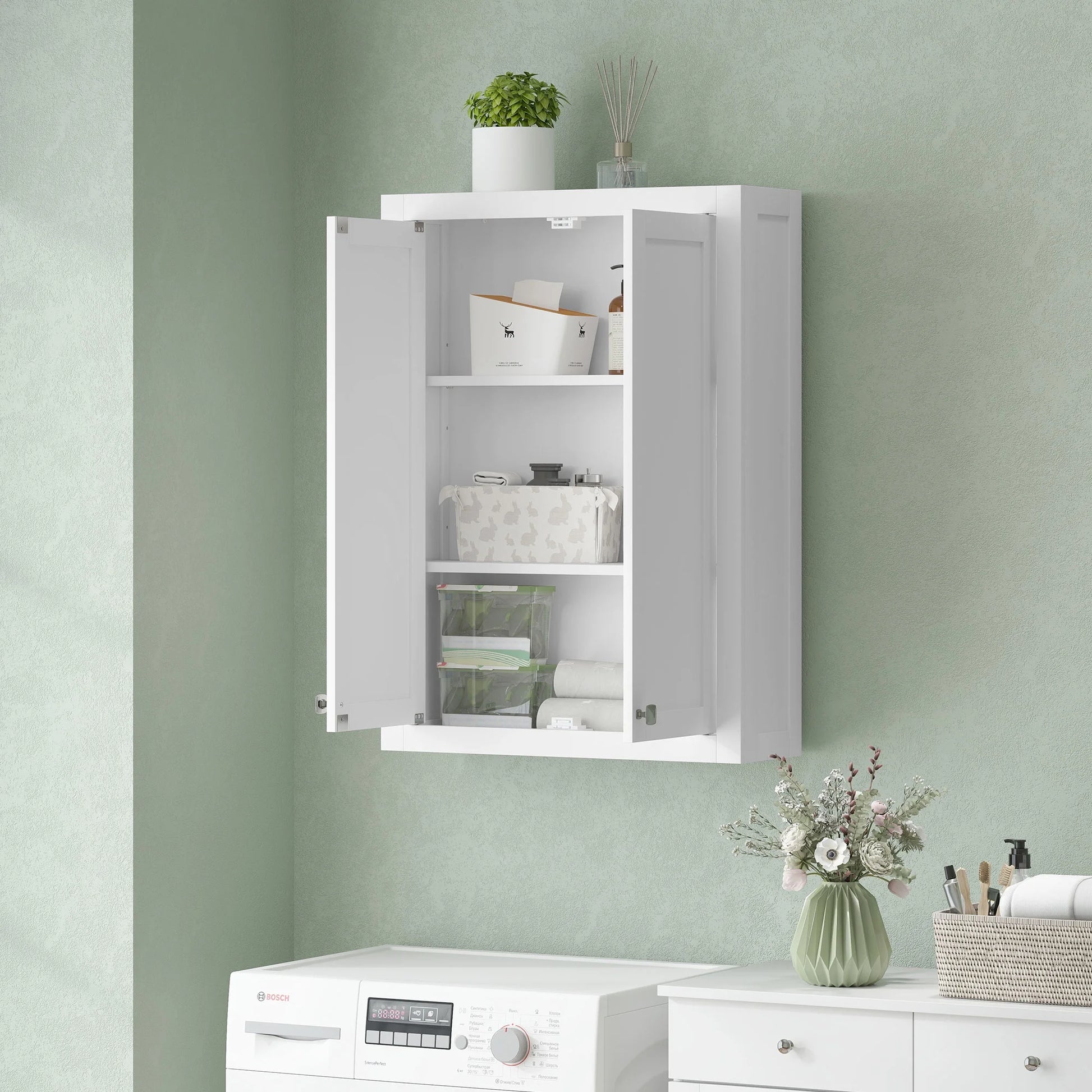 HOMCOM Bathroom Wall Cabinet, Modern Medicine Cabinet Wall Mounted, Over The Toilet Space Saver with 2 Doors and 2 Adjustable Shelves, White