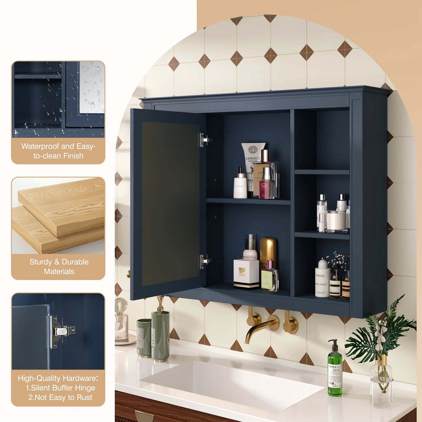 Euroco Wall Mounted Bathroom Mirror Cabinet �?Triple Door Vanity Storage with Concealed Shelves, Modern Design, Durable Construction, Easy Assembly