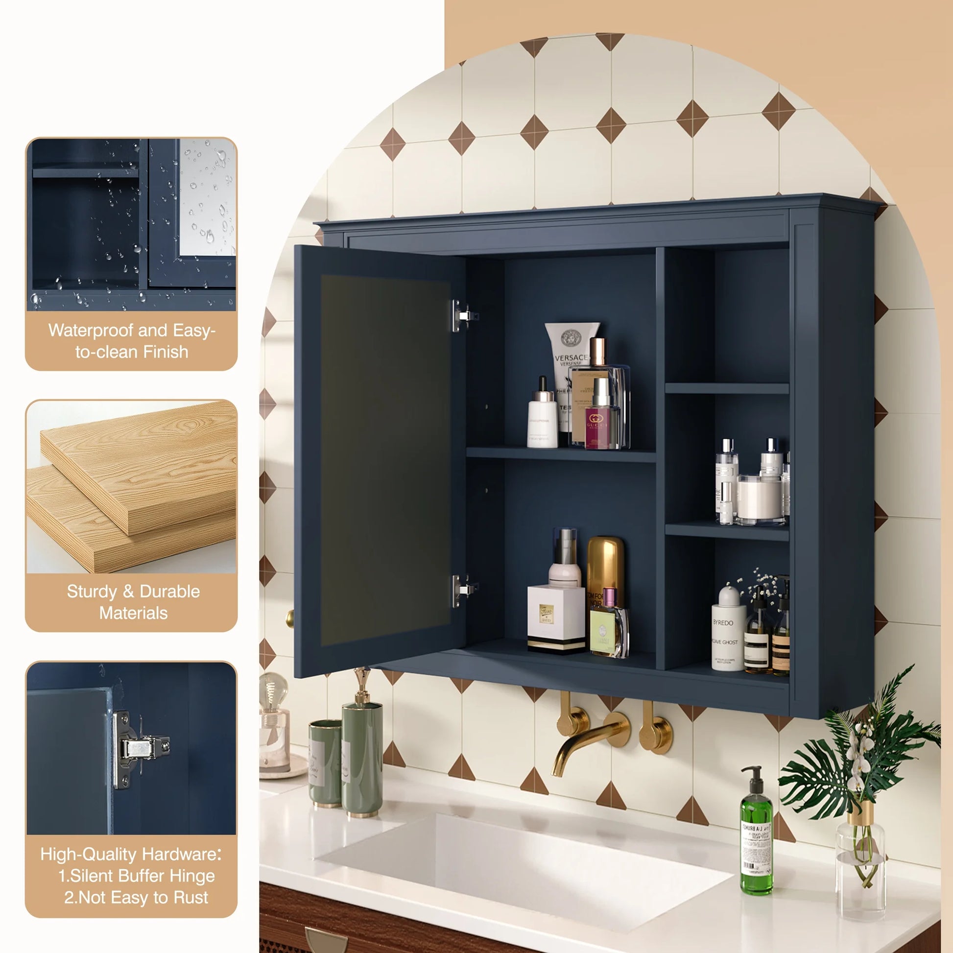 Euroco Wall Mounted Bathroom Mirror Cabinet �?Triple Door Vanity Storage with Concealed Shelves, Modern Design, Durable Construction, Easy Assembly
