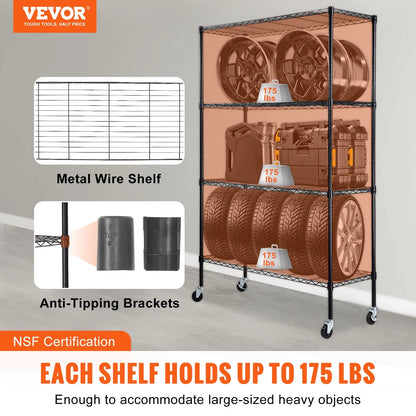 VEVOR Storage Shelving Unit with Wheels,4-Tier Adjustable, 700 lbs Capacity,Heavy Duty Garage Shelves Metal Organizer Wire Rack, Black, 47.2" L x 17.7" W x 74" H for Kitchen Pantry Basement Bathroom