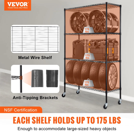 VEVOR Storage Shelving Unit with Wheels,4-Tier Adjustable, 700 lbs Capacity,Heavy Duty Garage Shelves Metal Organizer Wire Rack, Black, 47.2" L x 17.7" W x 74" H for Kitchen Pantry Basement Bathroom