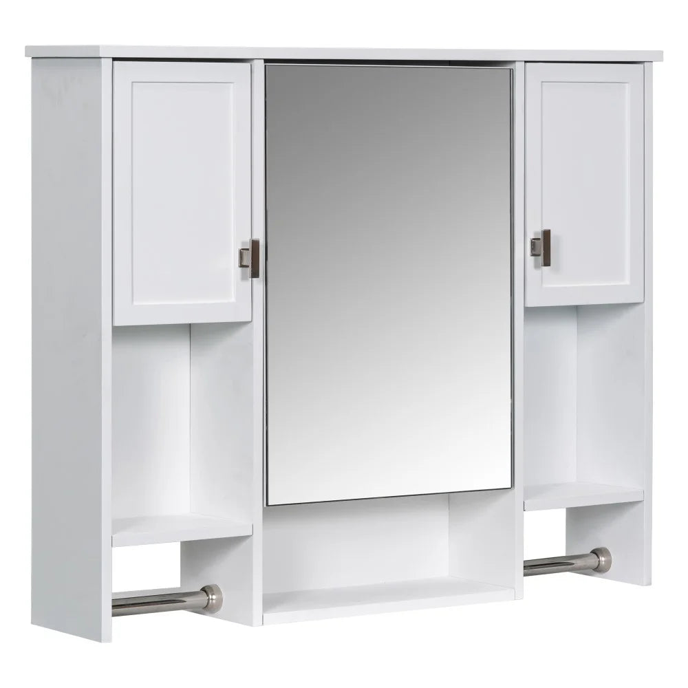 IVV Wall Mounted Bathroom Cabinet with Mirror, Modern Over The Toilet Storage Cabinet, White Medicine Cabinet Organizer with 3 Doors, 2 Towel Bars, Open Storage & Adjustable Shelves