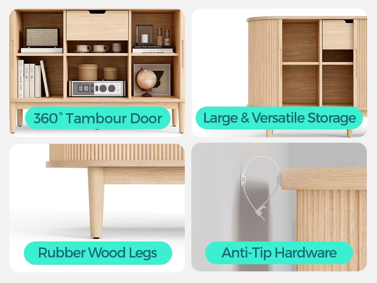LINSY HOME Fluted Pantry Storage Cabinet, Kitchen Cabinets with Sliding Tambour Door, Wide Storage Cabinet with Removable & Adjustable Shelves for Dining Room, Living Room, Bathroom, Oak