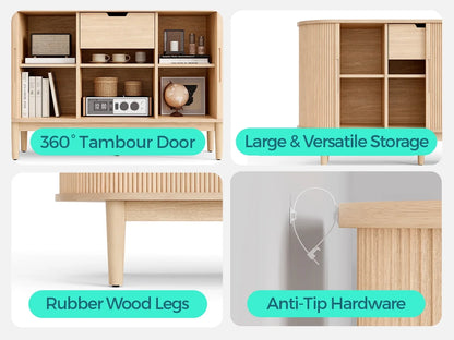LINSY HOME Fluted Pantry Storage Cabinet, Kitchen Cabinets with Sliding Tambour Door, Wide Storage Cabinet with Removable & Adjustable Shelves for Dining Room, Living Room, Bathroom, Oak