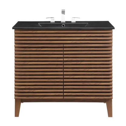 Pemberly Row Modern Wood/Ceramic Bathroom Vanity in Walnut/Black