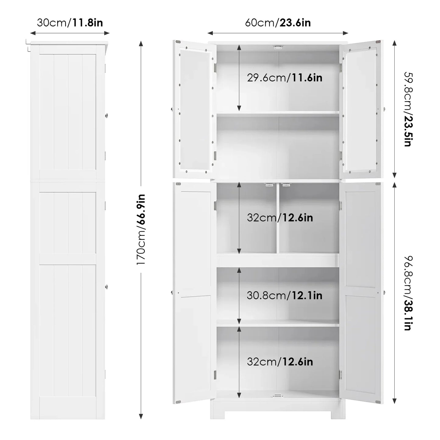 Homfa 67" Tall White Bathroom Storage Cabinet with Glass Doors, Farmhouse Freestanding Cupboard Storage Cabinet for Small Space