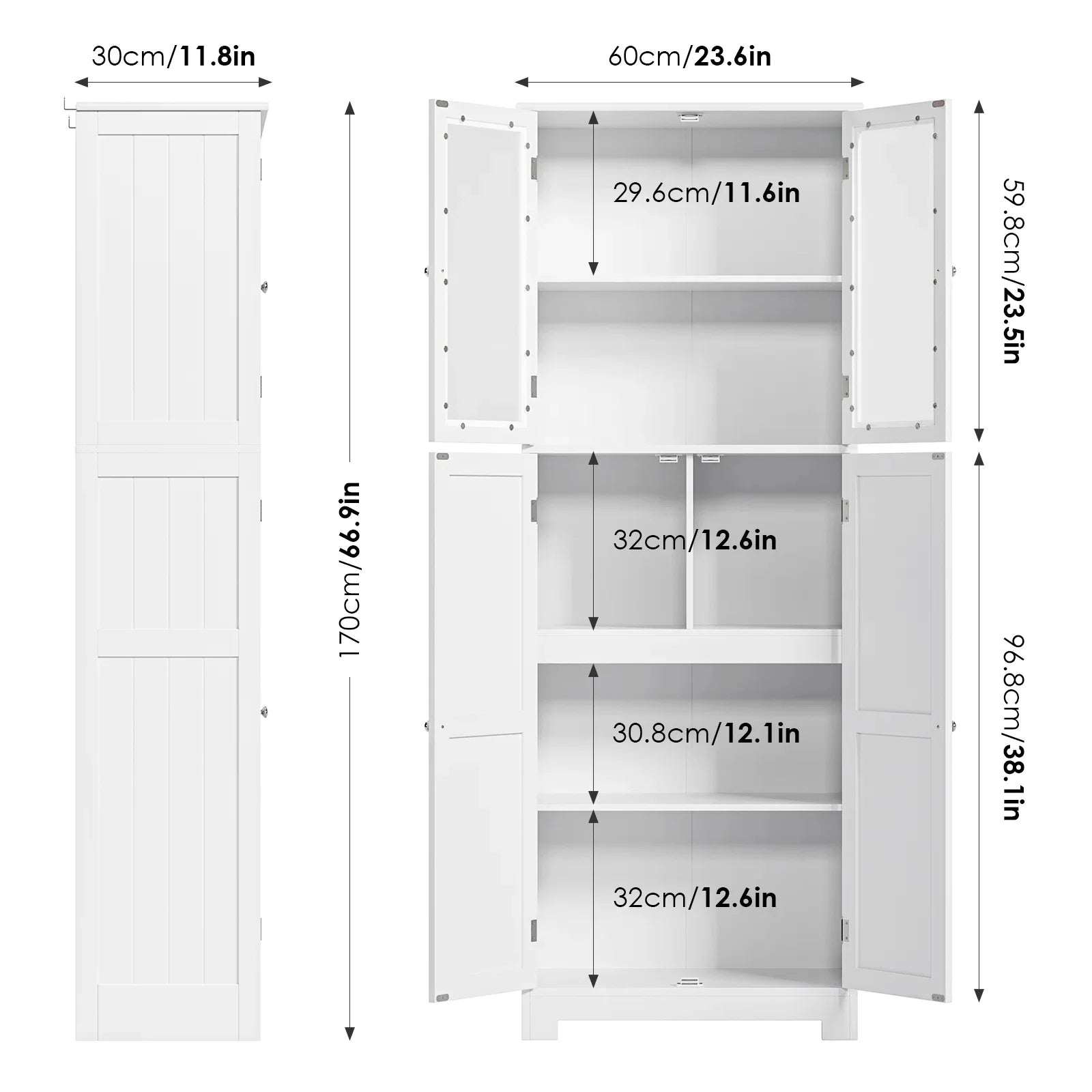 Homfa 67" Tall White Bathroom Storage Cabinet with Glass Doors, Farmhouse Freestanding Cupboard Storage Cabinet for Small Space