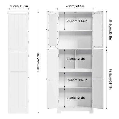 Homfa 67" Tall White Bathroom Storage Cabinet with Glass Doors, Farmhouse Freestanding Cupboard Storage Cabinet for Small Space