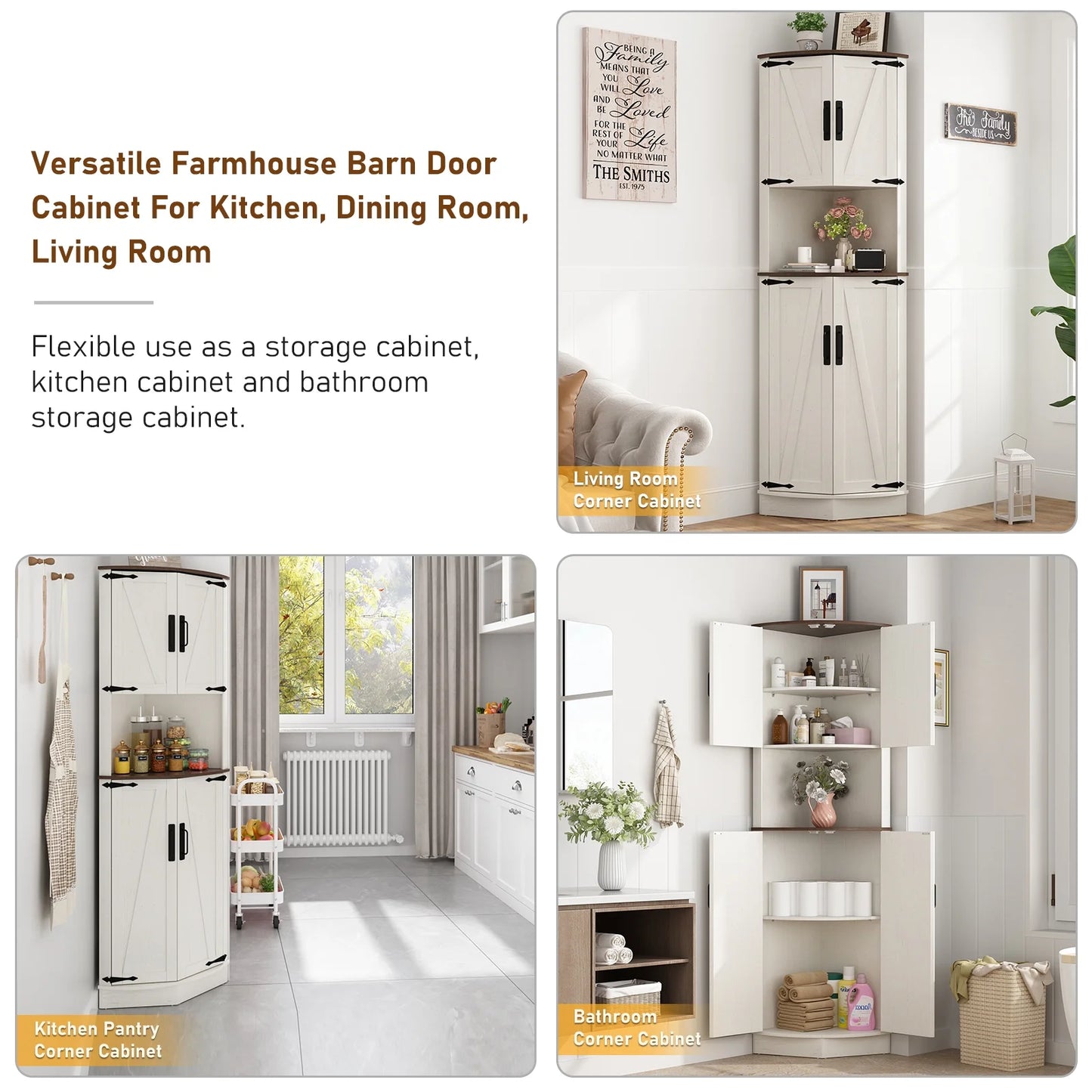 ChVans Farmhouse 68" Tall Corner Cabinet w/4 Barn Doors, 5 Tier Bookcase Storage Cabinet with Adjustable Shelves, Corner Storage Cabinet for Bathroom,Living Room,Kitchen, Brown