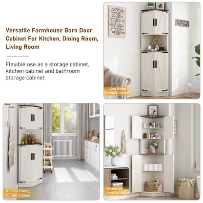 ChVans Farmhouse 68" Tall Corner Cabinet w/4 Barn Doors, 5 Tier Bookcase Storage Cabinet with Adjustable Shelves, Corner Storage Cabinet for Bathroom,Living Room,Kitchen, Brown