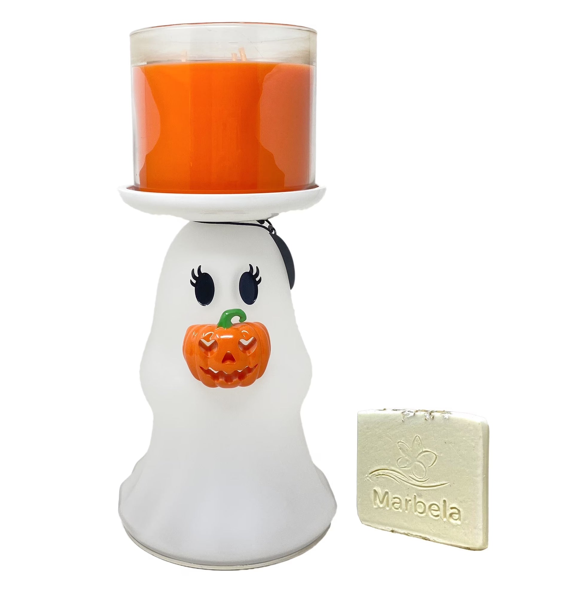 Bath & Body Works Light-up Ghost Jack-o'-lantern Pedestal 3-Wick Candle Holder with a Natural Oats Sample Soap