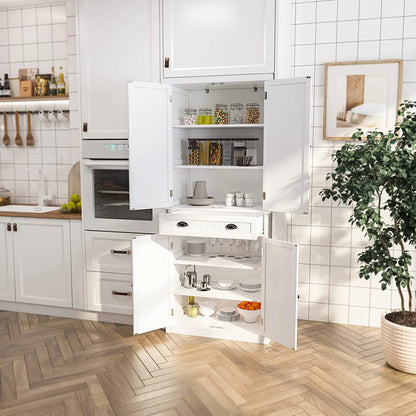 HLR 72 inches Kitchen Pantry Storage Cabinet, Pantry Cabinets with Drawer and Adjustable Shelves, Kitchen Pantry for Bathroom, Livingroom, Dining Room, White