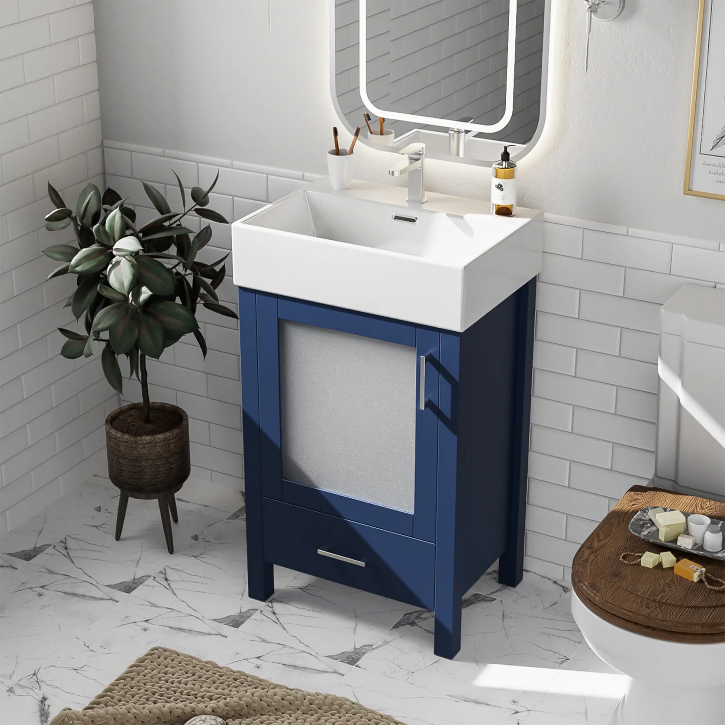 Harper & Bright Designs 20" Small Bathroom Vanity with Sink, Bathroom Vanity Cabinet with Ceramic Top and Storage Drawer, Blue