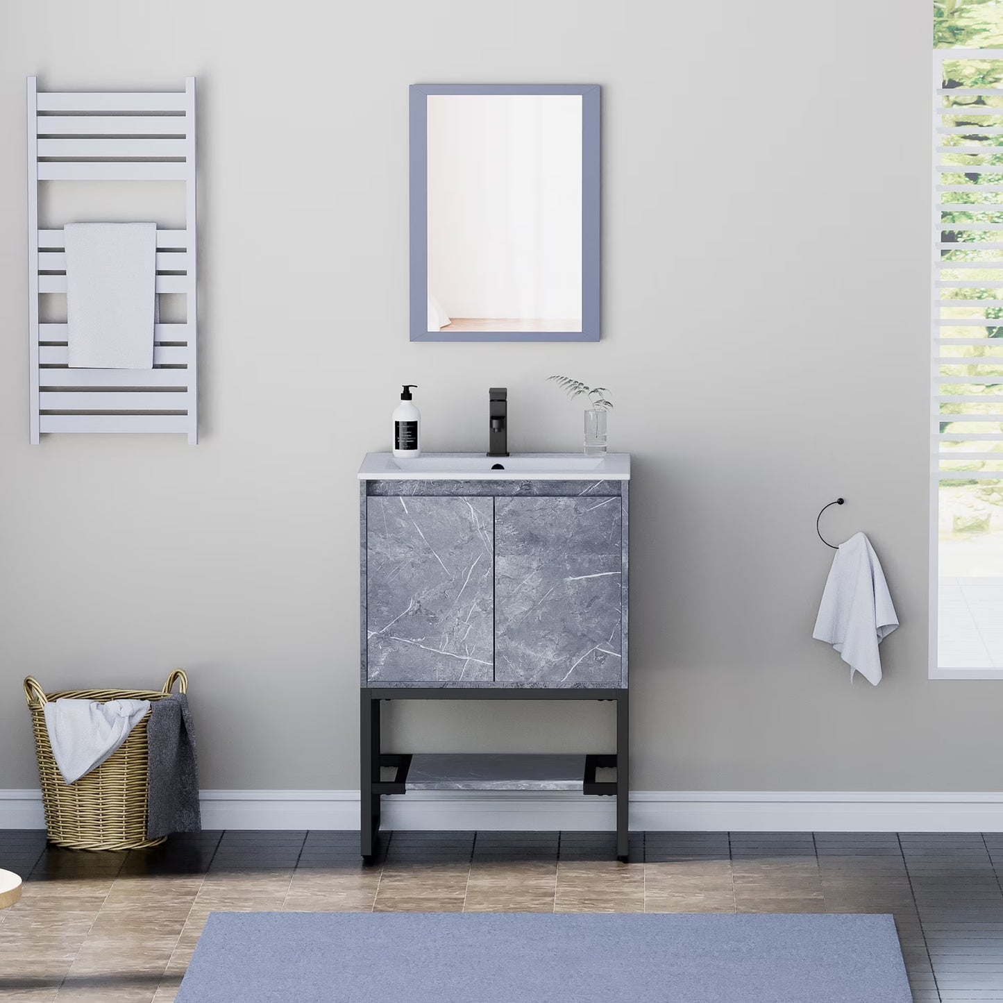 Eclife 24 Inch Freestanding Bathroom Vanity with Drop-In Sink Top, Water Efficient Faucet, Fast Drain, Overflow with Tiny Backsplash