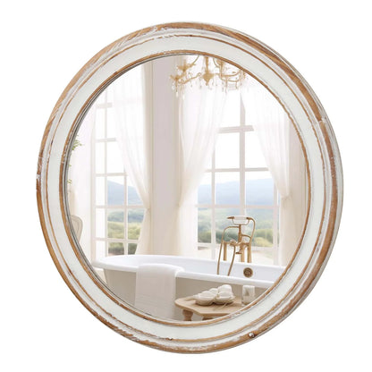 GZXS Farmhouse Round Wall Mirror with Antique Natural Finished Wood Frame, 35.4 Inches Rustic Decorative Mirror for Bathroom Vanity, Bedroom, Living Room, Entryway