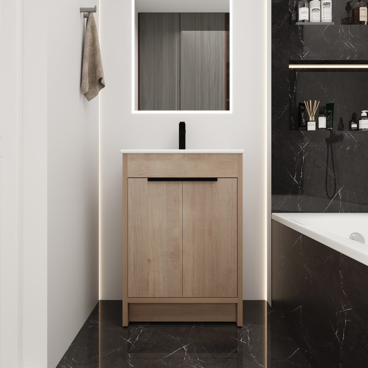 Holaki 24" Freestanding Bathroom Vanity with White Ceramic Sink & 2 Soft-Close Cabinet Doors, Plain Light Oak