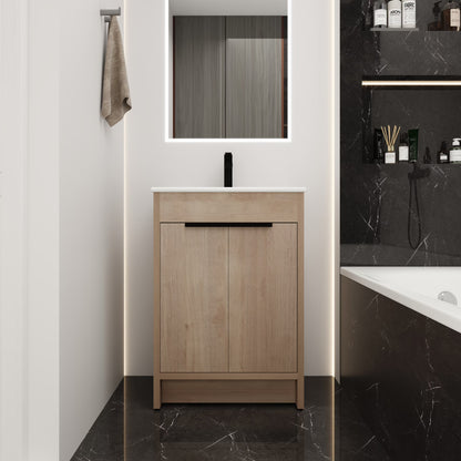 Holaki 24" Freestanding Bathroom Vanity with White Ceramic Sink & 2 Soft-Close Cabinet Doors, Plain Light Oak