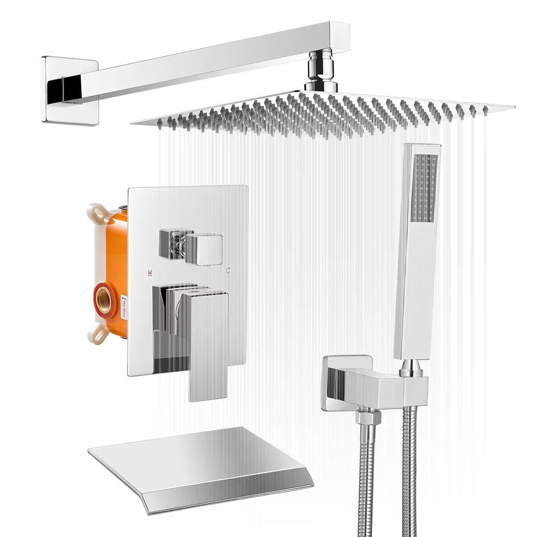 BWE Dual Shower Head Combo,12-inch High Pressure Rain Shower & Handheld Spray, with 59" Hose, 3-Way Diverter & Bathtub Spout Valve, Polished Chrome