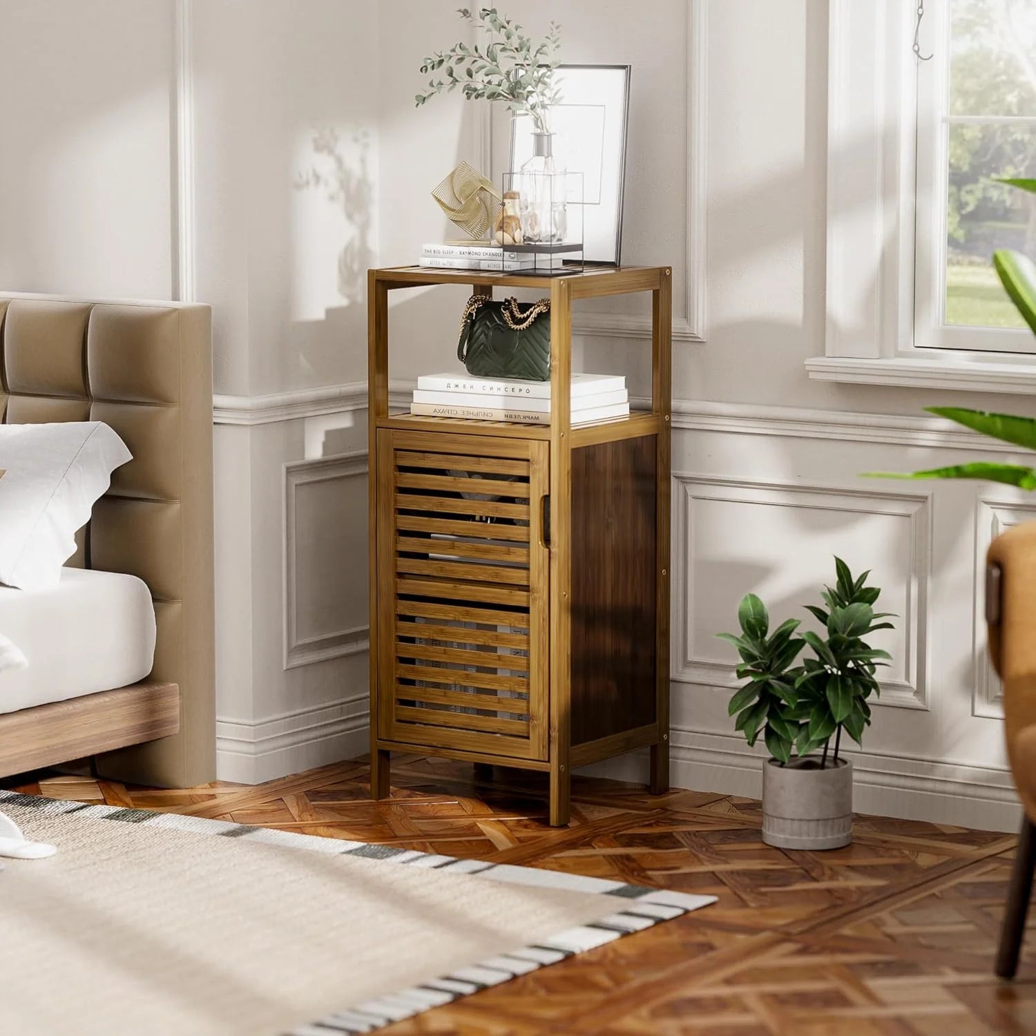 Bathroom Cabinet, Bamboo Floor Cabinet Free Standing, 4 Tier Sofa Side Storage Cupboard for Living Room Kitchen Bedroom