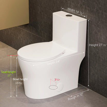 Casta Diva Round Toilet White 1-Piece Toilet for Small Bathrooms, Power Dual Flush and MAP 1000g (Seat Included), 12'' Rough-in