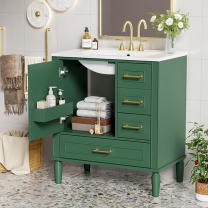 ENSHUI Traditional 30-Inch Bathroom Vanity Set, Floor Standing, with Three Drawers, Soft Close Doors, Long Gold Metal Handles