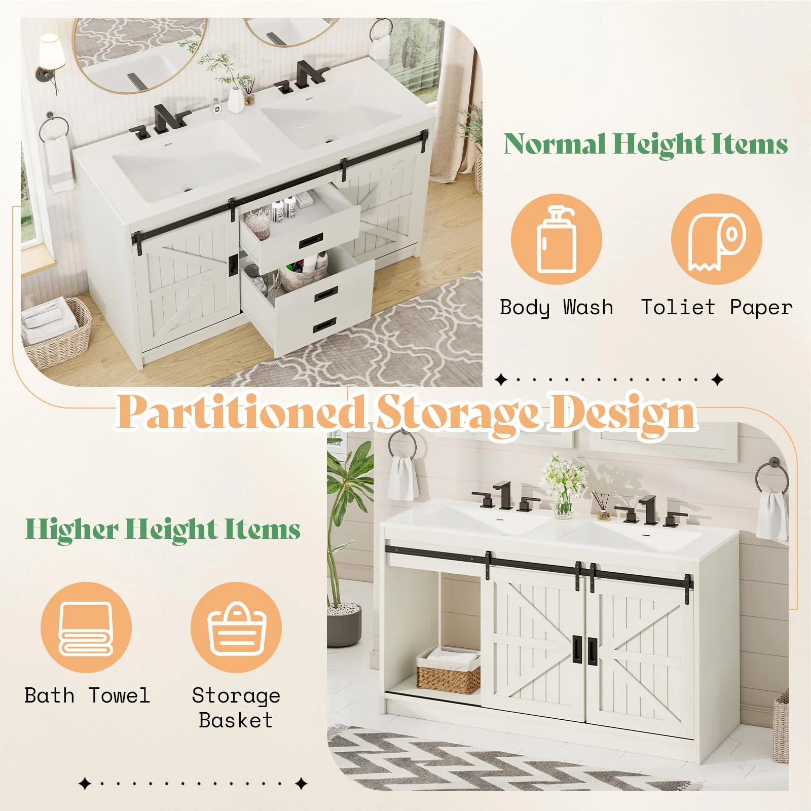 Merluxy 61" Farmhouse Double Bathroom Vanity with Sink Combo, Dual Basin Bathroom Storage Cabinet, Large Double Bath Vanity Sink Set, Rustic White